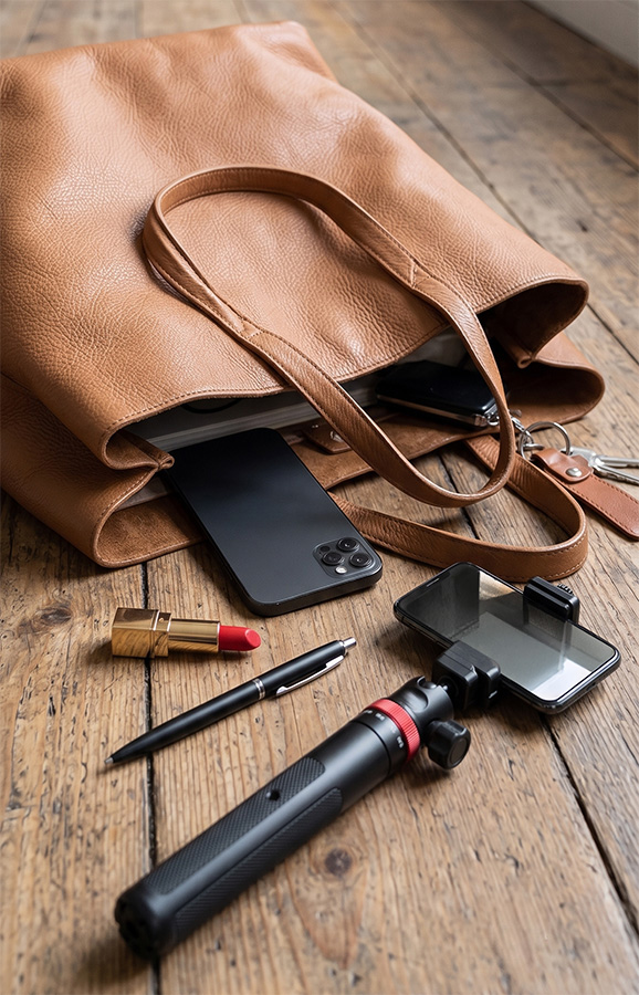 bolso de mujer en el suelo con ulazi mt 44 maquillaje y movil fuera
